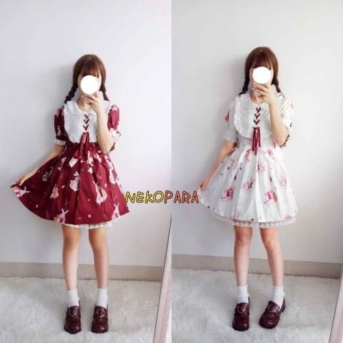 2017 Summer Girls Lolita Kawaii "Musician Rabbit" Peter-pan Collar Dress Princess Dolly Dress Cute Dress Red / White