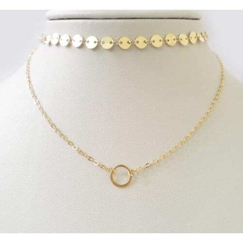 2017 Fashion Dainty Gold-Color/Silver Plated Sequins Choker Little Charm Pendant Two Layers Choker Necklace for Women