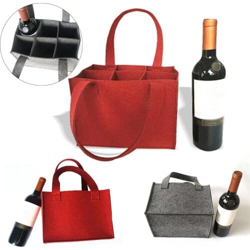 6 Grids Reusable Fashion Felt Bag Wine Holder Beer Bottle Shopping Tote Bag Bottle Carrier with 6 Bottles Divider Washable Grey