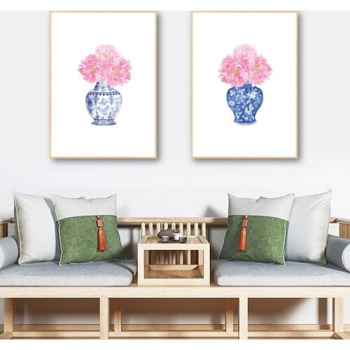 Watercolor Peonies Chinoiserie Vases Canvas Painting Blue and White Porcelain Vase Posters Wall Art Prints Living Room Decor