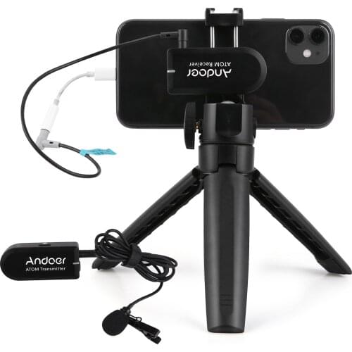 Andoer 2.4G Wireless Microphone System with Transmitter Receiver Desktop Tripod for Smartphone DSLR Camera Vlog Video Recording