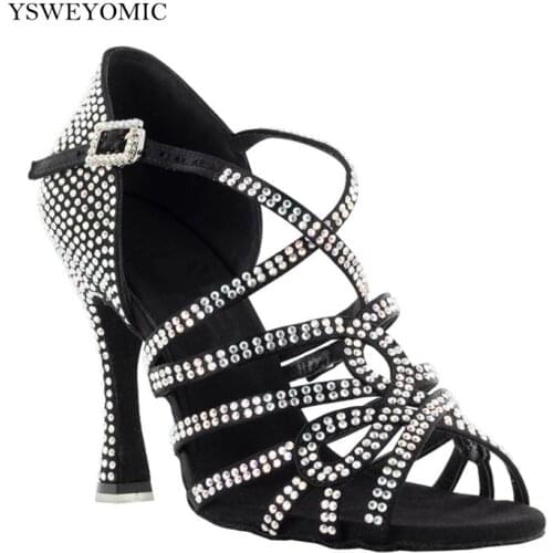 Sparkly Rhinestone Latin Dance Shoes Women 2021 Spring New Style Bachata Salsa Shoes in leather Sole Cuban Heel 9cm 10cm
