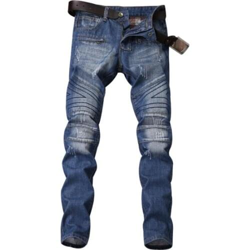 Cheap Pleated personality jeans men biker jeans men trousers male denim pants masculino motorcycle fashion designer