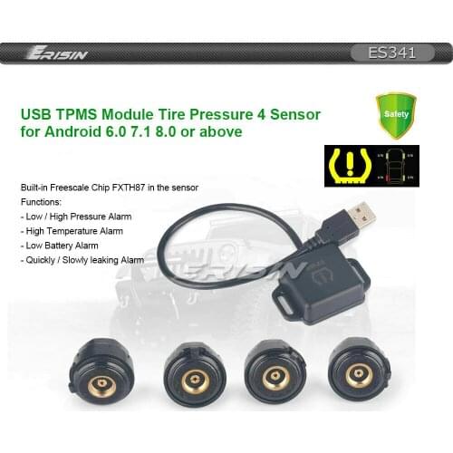 Erisin ES341 433.92MHz TPMS Module Car Tire Pressure Monitor 4 Sensors Alarm USB for Android 5.1+ Stereos Chip FXTH87