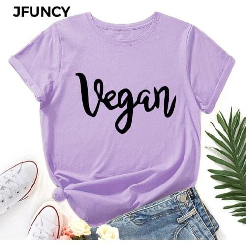 JFUNCY Oversize Women T Shirt Summer Loose Short Sleeve T-shirt Vegan Letter Print Tops Graphic Basic Tee Female Clothes