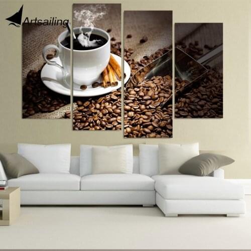 Canvas Painting 4 Piece Canvas Art Coffee Beans Hot Drink HD Printed Wall Art Home Decor Poster Picture for Living Room XA324D