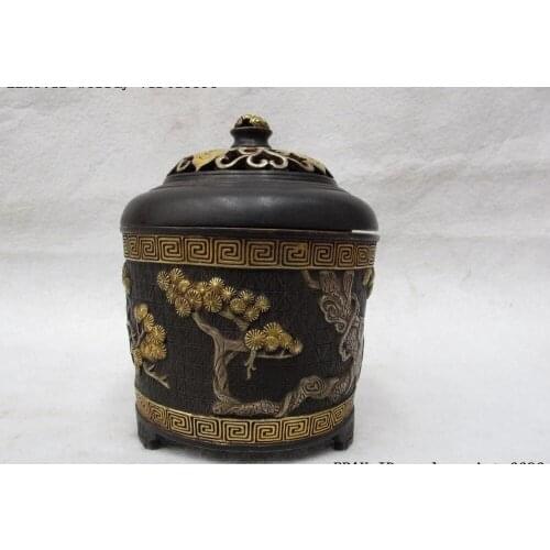 Chinese Pure Bronze Copper 24K Gold Silver-Gilt Pine Tree Incense Burner Censer