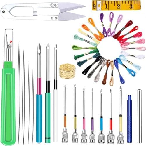 LMDZ 24 Rainbow Color Embroidery Thread 10 Pcs Embroidery Punch Needles Soft Tape Measure Yarn Scissors Seam Ripper