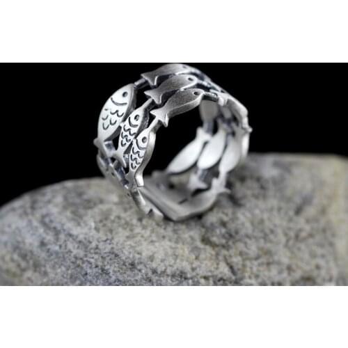Fashion Antique Silver Plated Open Adjustable Fishes Rings Three Rows Hollow Swimming Fish Rings For Women personality Jewelry