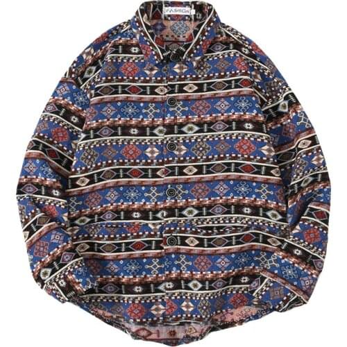 Autumn and Winter Casual Long Sleeve Shirts for Men Fashion National Style Shirt Loose Printed Oversized Men Shirt 2020