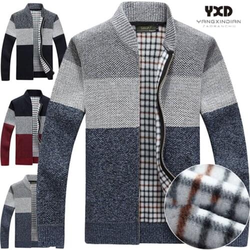 Men Clothes Knitted Sweater Men Cardigans Collar Winter Plus velvet thick Business Casual Male Full Zip Spliced Sweaters Coat