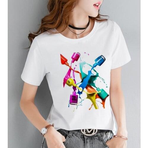 New summer Womens T-shirt fashion 3D nail polish color printing female T shirt Harajuku 0 collar ladies clothes white Tshirt