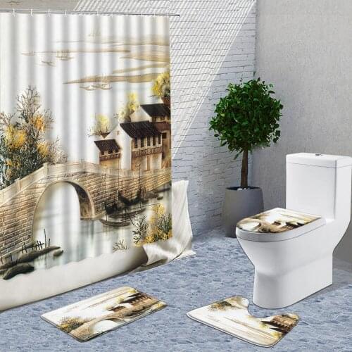 Autumn Landscape Tree Shower Curtains Sets Hooks Color Oil Painting Bathroom Curtain Bath Mats Rugs Carpet Toilet Cover Lid Mat