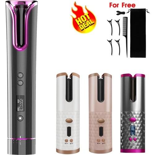 Cordless Automatic Hair Curler USB Rechargeable Curling Iron Curls Waves LCD Display Ceramic Curly Rotating Curling with Gift