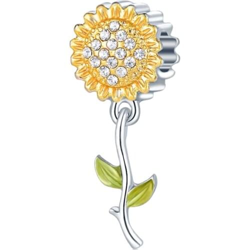 Gold Crystal Zircon Sunflower Pendant Fit Original Pan Charms Bracelet Women Pulseira DIY Accessories Beads for Jewelry Making