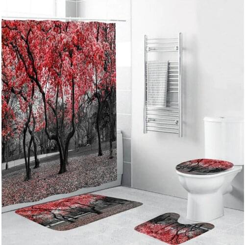 Romantic Red Forest Shower Curtains Toilet Cover Floor Mat Set Bathroom Waterproof Mat Non Slip Floor Rug Carpet Set