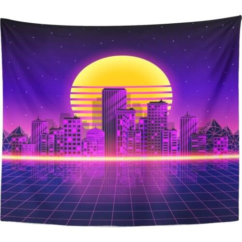 Pink Grid Retro Neon City 80S Purple Landscape Night Home Decor Tapestry Wall Hanging for Living Room Bedroom Dorm 50x60 inches