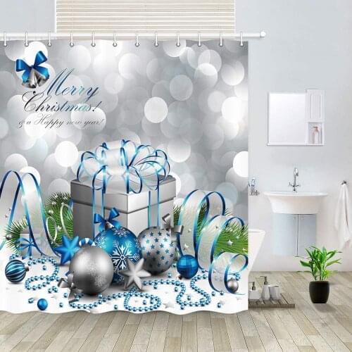 Happy Merry Christmas Silver and Blue Xmas Ball and Gift Box for New Year Bath Curtains