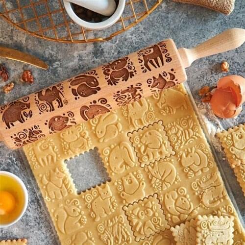 Christmas Embossing Rolling Pin Animal Pattern Baking Biscuit Cookies Noodle Fondant Cake Dough Engraved Roller