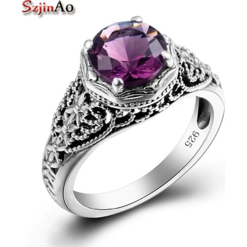 Szjinao Fashion Purple Silver Jewelry Amethyst Rings for Women USA Female Rings Vintage 925 Sterling Silver Jewelry