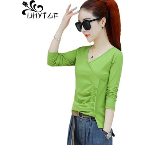 UHYTGF Fashion Womens T-Shirt Long Sleeve V-Neck Pullover Slim Autumn Tops Female Soft Comfortable Short Plus Size T Shirt 1563