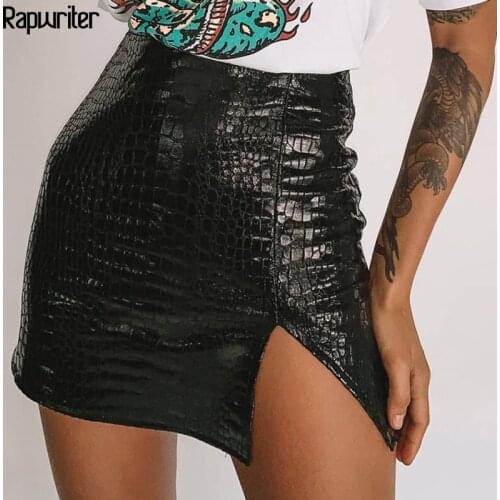 Rapwriter Fashion Crocodile Skin Pattern Black Pu Faux Leather Skirts Women Split High Waist Short Sexy Pencil Skirt Autumn 2020