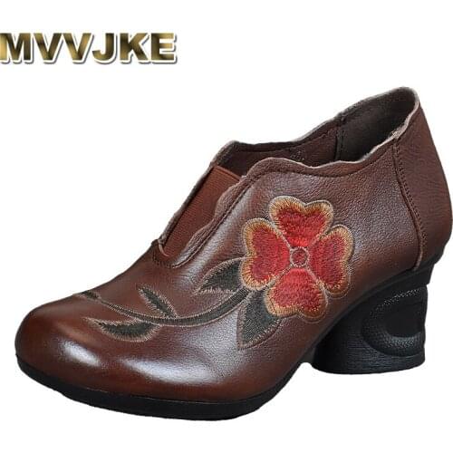 MVVJKE women leather pumps round toe 5.5 cm high heels 2019 spring shoes femal pumps handmade genuine