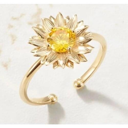 2021 New Korea Boho Fashion Personality Temperament Daisy Sunflower Zircon Ring Sweet Flower Open Ring for Women Gift Wholesale