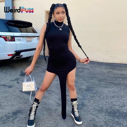 Weird Puss Design Tassel Black Dress Women Sleeveless Outfits Slim Stretchy Skinny Casual Streetwear 2021 Summer Hipster Bodycon