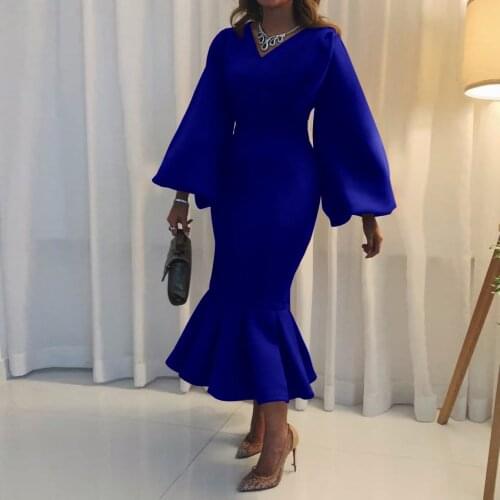 Women Dress 2021 Elegant Sexy V Neck Long Party Dress Women Casual Plus Size Slim Puff Sleeve Ruffles Office Mermaid Maxi Dresse