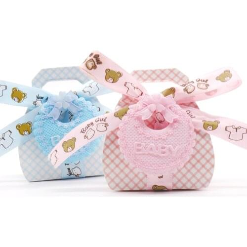 Luxury 12pcs Creative Baby Bib Candy Boxes with Ribbon Plaid Blue Pink Sweet Handy Bag First Birthday Baby Shower Party Supplies