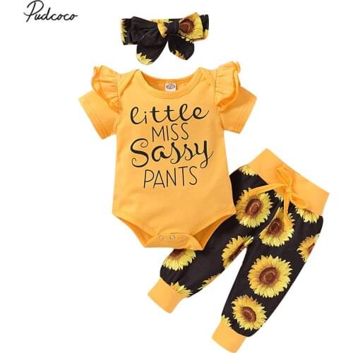 2020 3Pcs 0-24M Newborn Baby Girl Clothes Short Sleeve Letter Romper Sunflower Pants Sassy Outfits Set Summer Baby Clothing