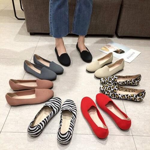 Ballet Flats 2021 New Spring Knitted Shoes Fashion Flat Bottomed Leopard Print Casual Large Womens Shoes