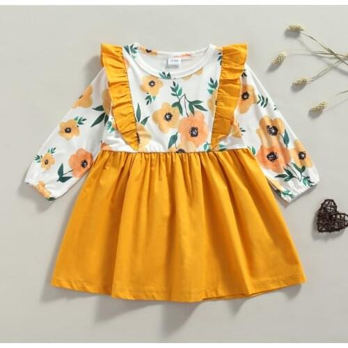Pudcoco Kids Summer Dress Floral Stitching O-Neck Ruffled Long Sleeves Casual Skirt for Girls, 18 Months to 5 Years
