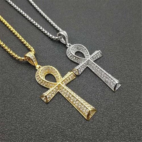 Egyptian Ankh Cross Key Pendant Necklace Full Iced Out Chain Gold Color Stainless Steel Necklace For Mens&Women Hip Hop Jewelry