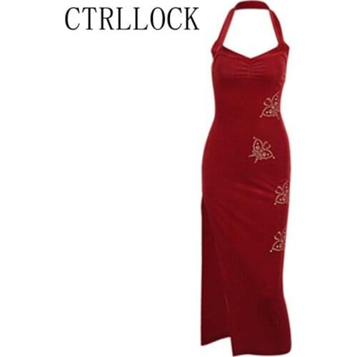 CTRLLOCK Gothic Retro Women Halter Neck High Waist Dress Ruched Butterfly Velvet Dress Female Fashion Clothing