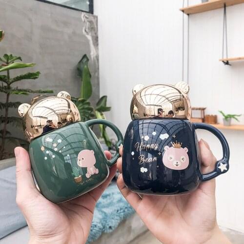 Popular Korean-Style Bear Twist Cover Ceramic Cup Big Belly Gold Foil Mirror Cover Creative Mug Student Creative Cup