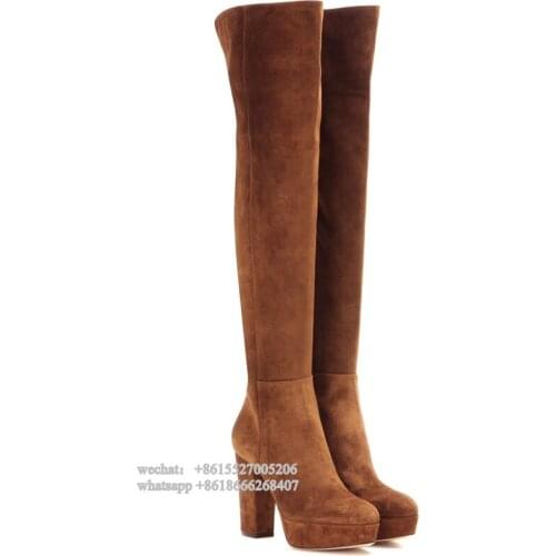 Fashion Brown Thick Platform Over The Kneee Boots Women Block Heeled Side Zipper Thigh High Boots Winter