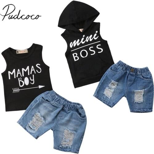 2018 Brand New Toddler Infant Kids Baby Boys Vest Tops T-shirt+ Ripped Denim Pants 2Pcs Set Outfits Children Summer Clothing1-5T