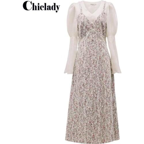 CHICLADY vintage beige long sleeve v-neck summer maxi dresses for women party casual beading floral kleid dress robe vestidos