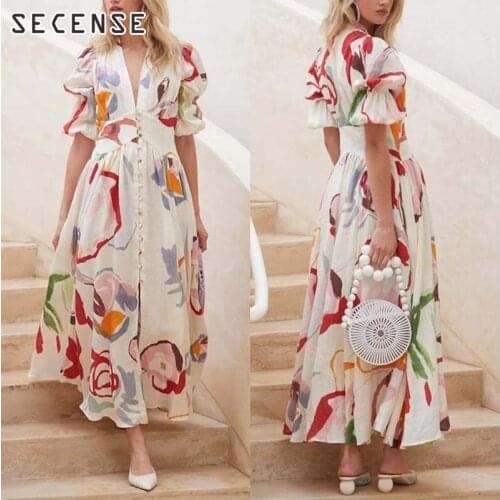 Dresses Women Chiffon Deep V-Neck Slim Fit Flowral Printed Dress Half Lantern Sleeve Dress Single Breasted Elegant Beach Boho