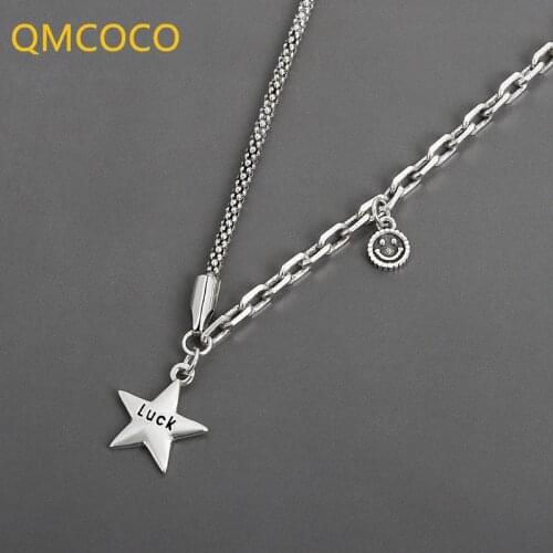 QMCOCO 925 Silver Vintage Woman Necklace For INS Creative Design Fashion Hip-Hop Stars And Smile Face Sweater Chain Jewelry