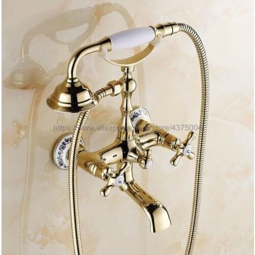 Luxury Gold Color Brass Bathtub Faucets Hand Rain Shower Head Tap Luxury Ceramic Telephone Wall Bath Faucet Ntf140