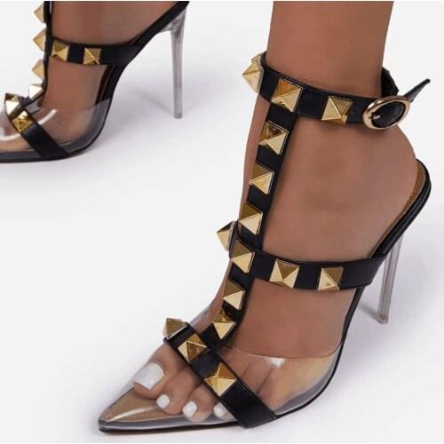 Sexy High Heels Sandals Women Rivet Fashion Roman Shoe Thin Heel Pointed Toe Transparent Shoes Buckle Strap Lady Shoes Sandalias