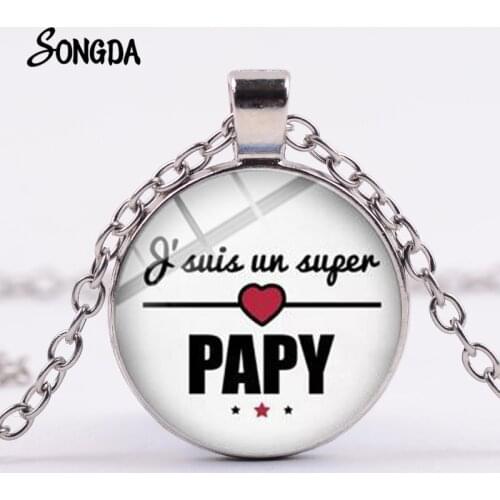 Super Papy Super Mamie Necklace New Pattern French Letter Design Chain Necklaces Glass Round Pendant for Grandpa Grandma