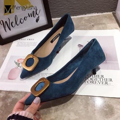 Square Metal buckle flock pumps woman pointed toe office shoes female solid slip on tacones thin small high heels shoes women