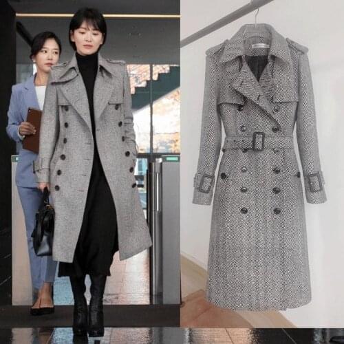 High-End Windbreaker Womens Wool Coat 2021 Autumn Winter Korean Temperament Double-Breasted Slim Long Woolen Coat Female X184
