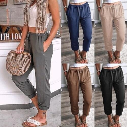 2021 Summer Womens Cotton Blendde Bundle Foot Pants Europe/America Pure Color Elastic Feet Ankle-Length Pants Casual Pants