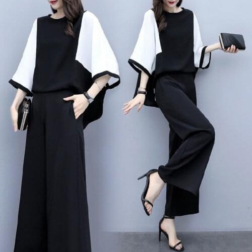 Womens OL Summer 2 Piece Sets Top And Wide Leg Full Pants Elegant ensemble femme survetement year-old female costume