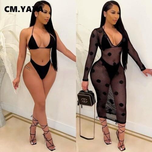 CM.YAYA Women Bikinis Set Mesh See Through Elastic Long Dress Bandage Bra Tops Low Waist Panties 3 Piece Sets Sexy Beachwear